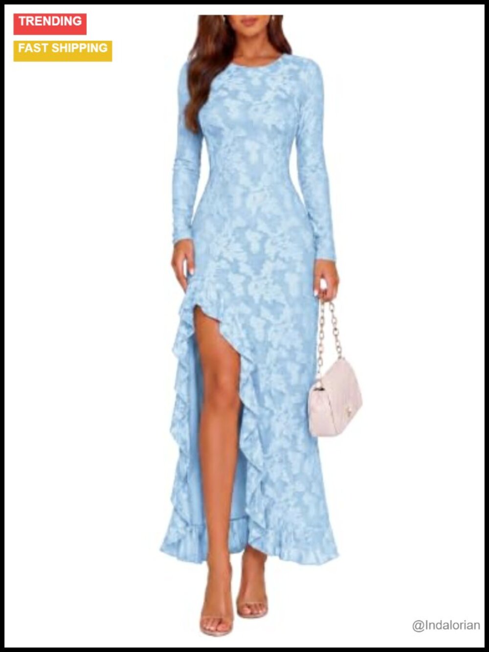Women's Long Sleeve Maxi Dress Mesh Bodycon High Slit